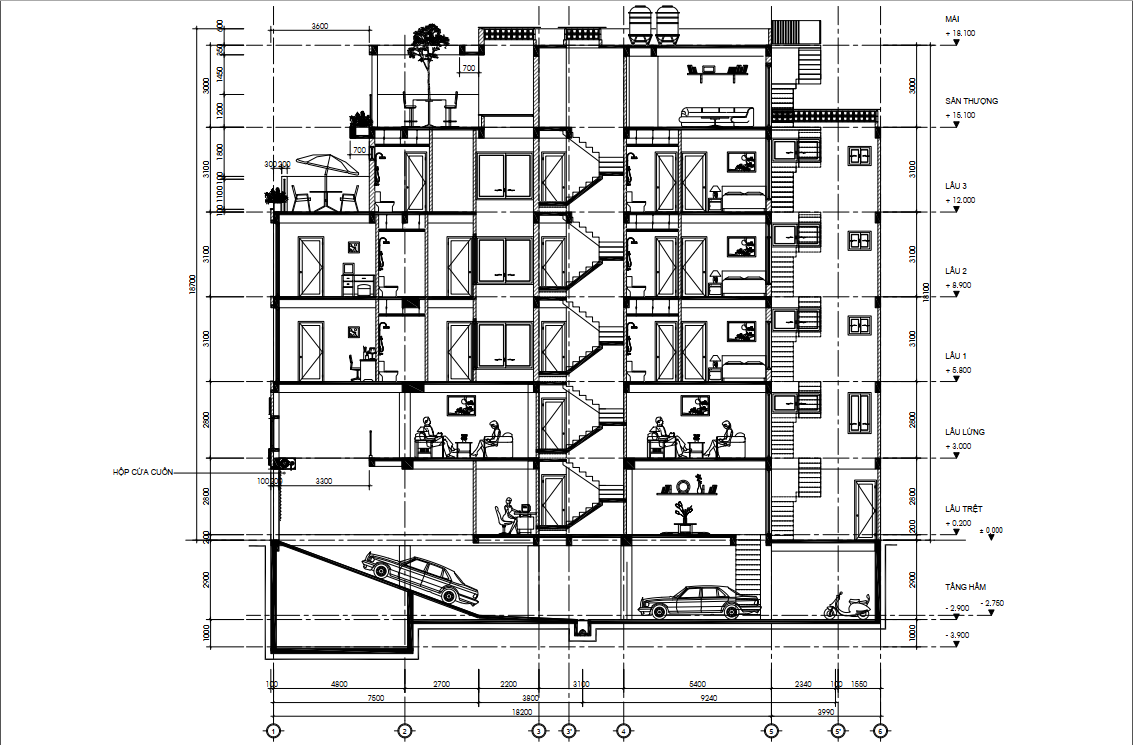 Mặt cắt thể hiện chiều cao giữa các tầng của căn nhà phố
